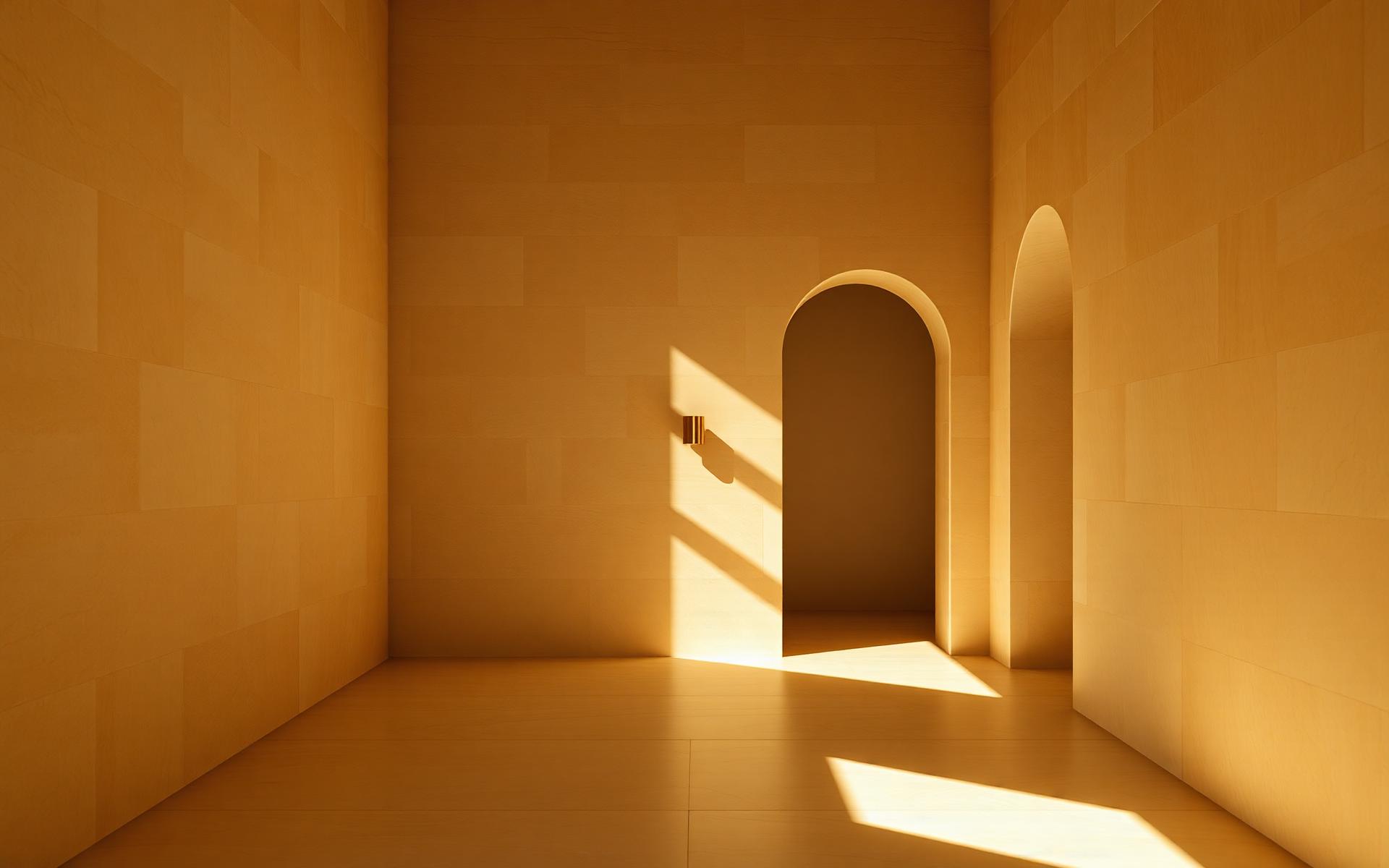 Warm travertine interior with an arched doorway and directional daylight